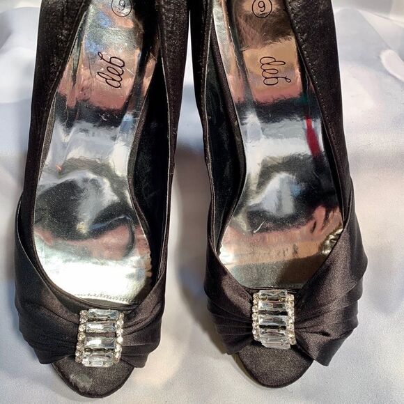 DEB BLACK SATIN OPEN TOE HIGH HEELS SIZE 9 - Picture 10 of 10